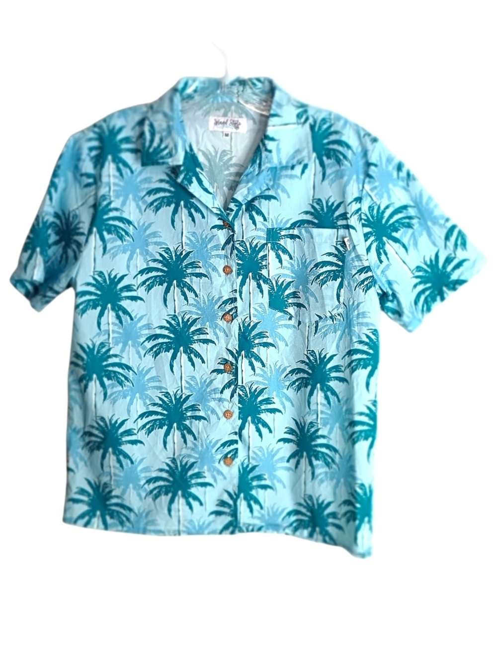 Island State -Palm-Print Button Down Shirt- Light Blue/Teal M
